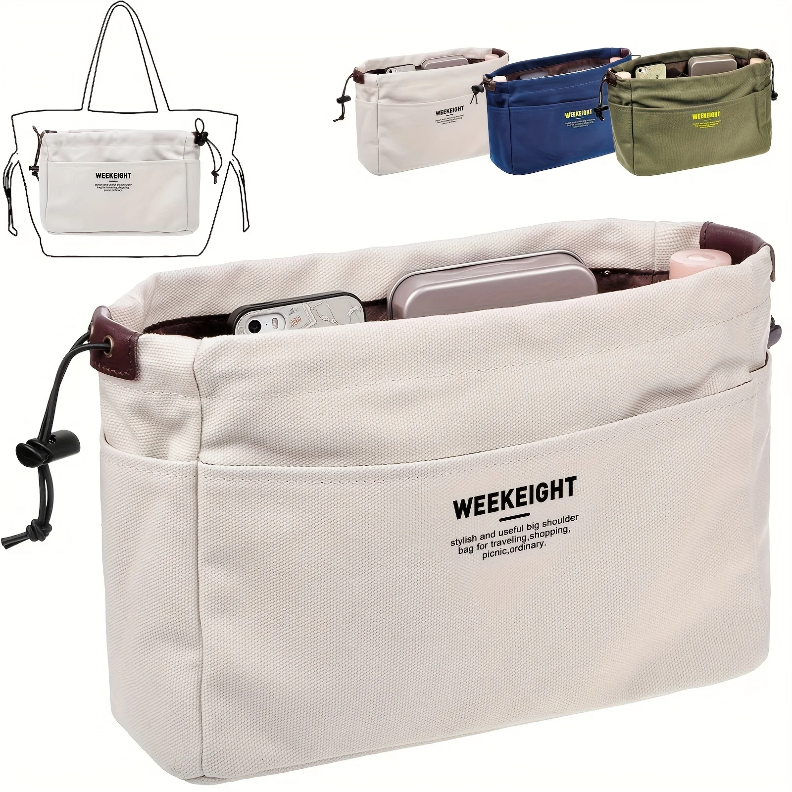 Backpack Insert Organizer - 1/2pcs Drawstring Canvas Storage Organizers Multi-Pockets