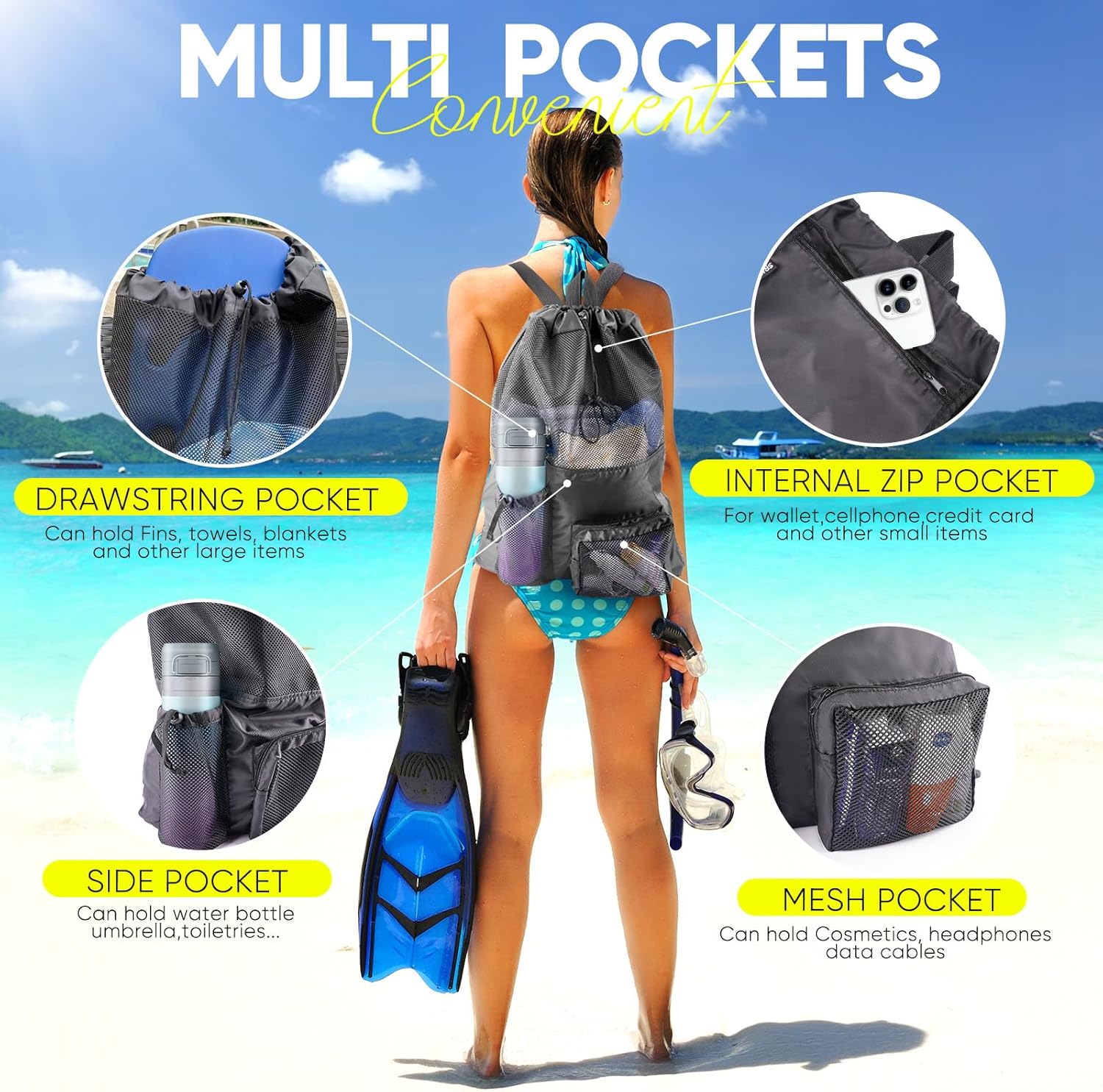 Swim Mesh Beach Bag, Waterproo – Drawstring Gym Bag recenzja i cena